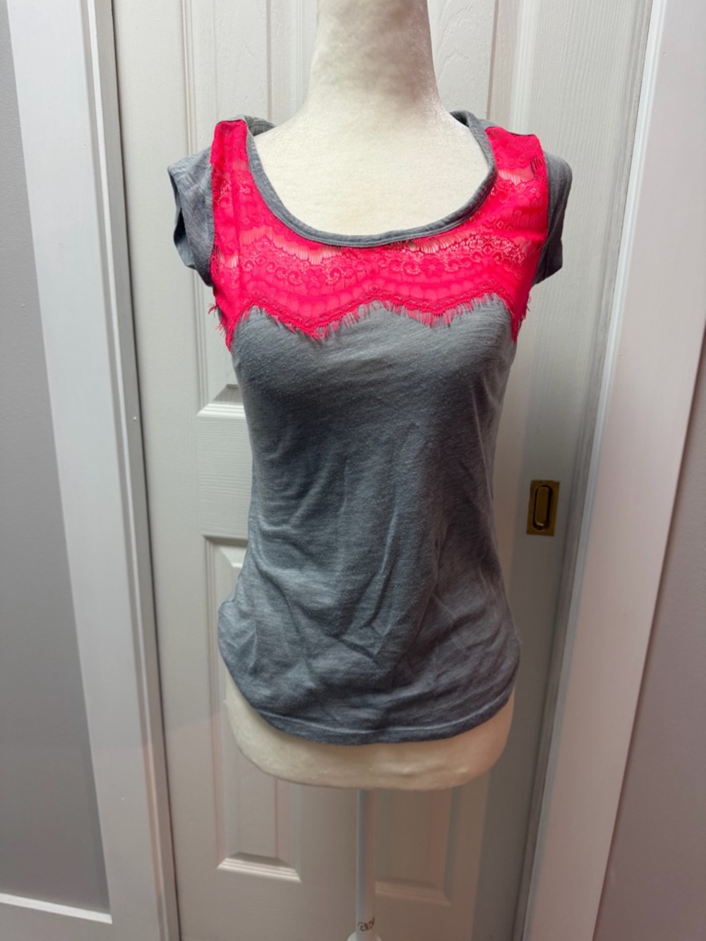 aerie Gray Tank Top with Hot Pink Lace Yoke